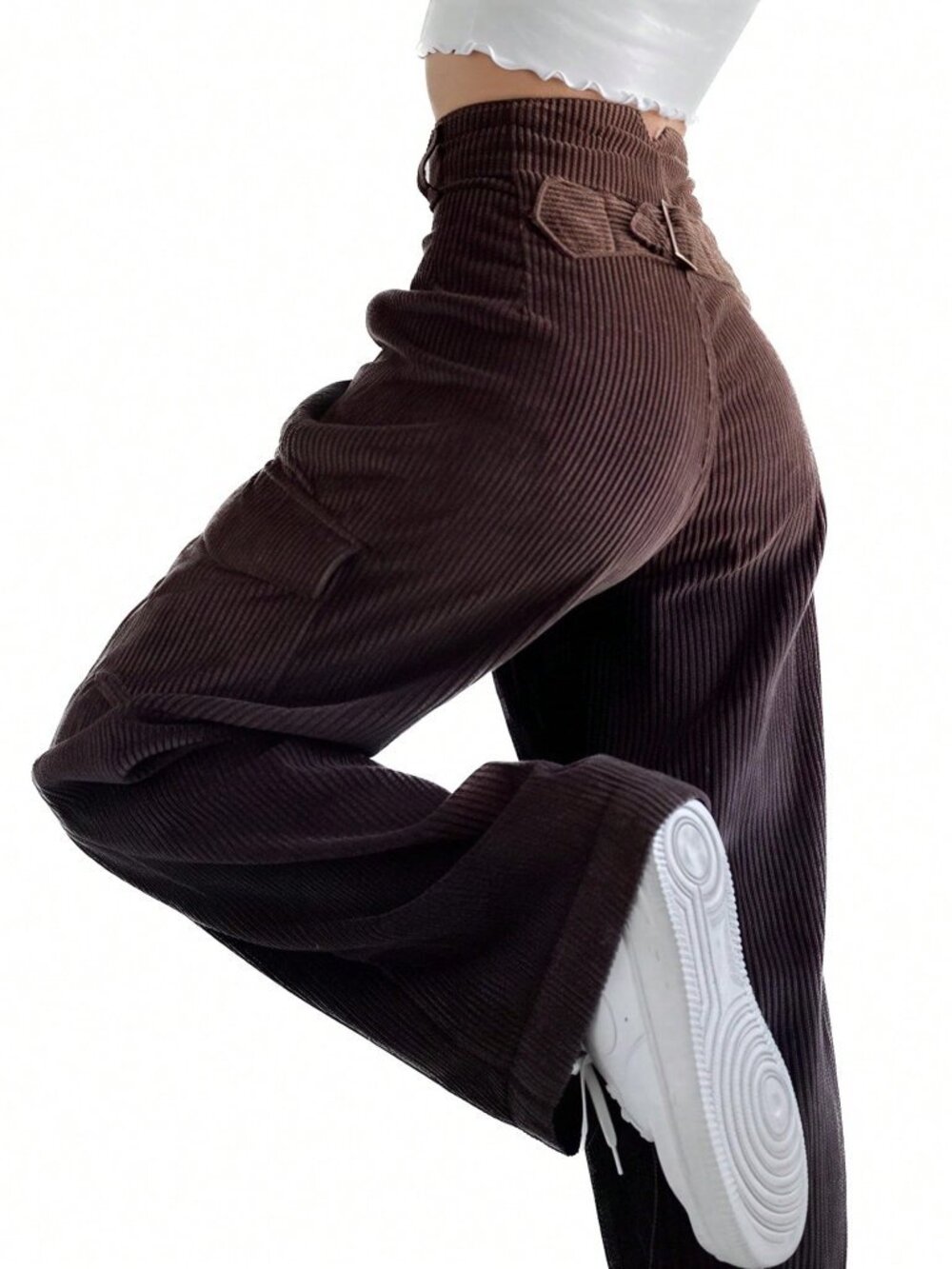 Coffee Brown Elegant Women's Y2k Baggy Corduroy Pants - Picture 2 of 4